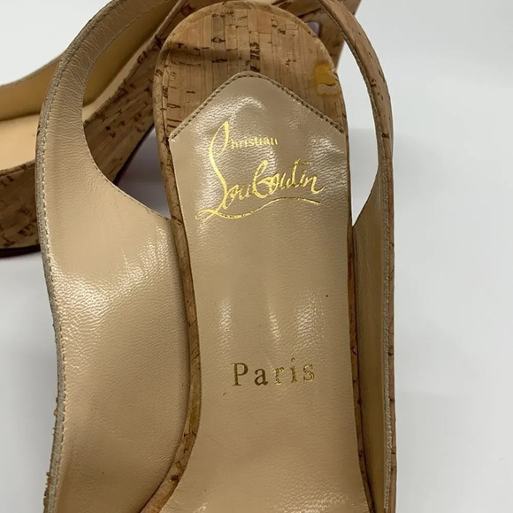 Christian Louboutin Peep Toe Sling Back Light Brown Cork Heels Size 35.5 | 5.5 - Picture 13 of 14